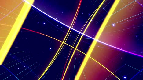 diseño de movimiento moderno vj bucle bg volando a través del espacio de arte de círculos brillantes líneas con luz de neón y color gradiente arco iris. bucle hermoso fondo creativo colores vívidos. gráfico de movimiento