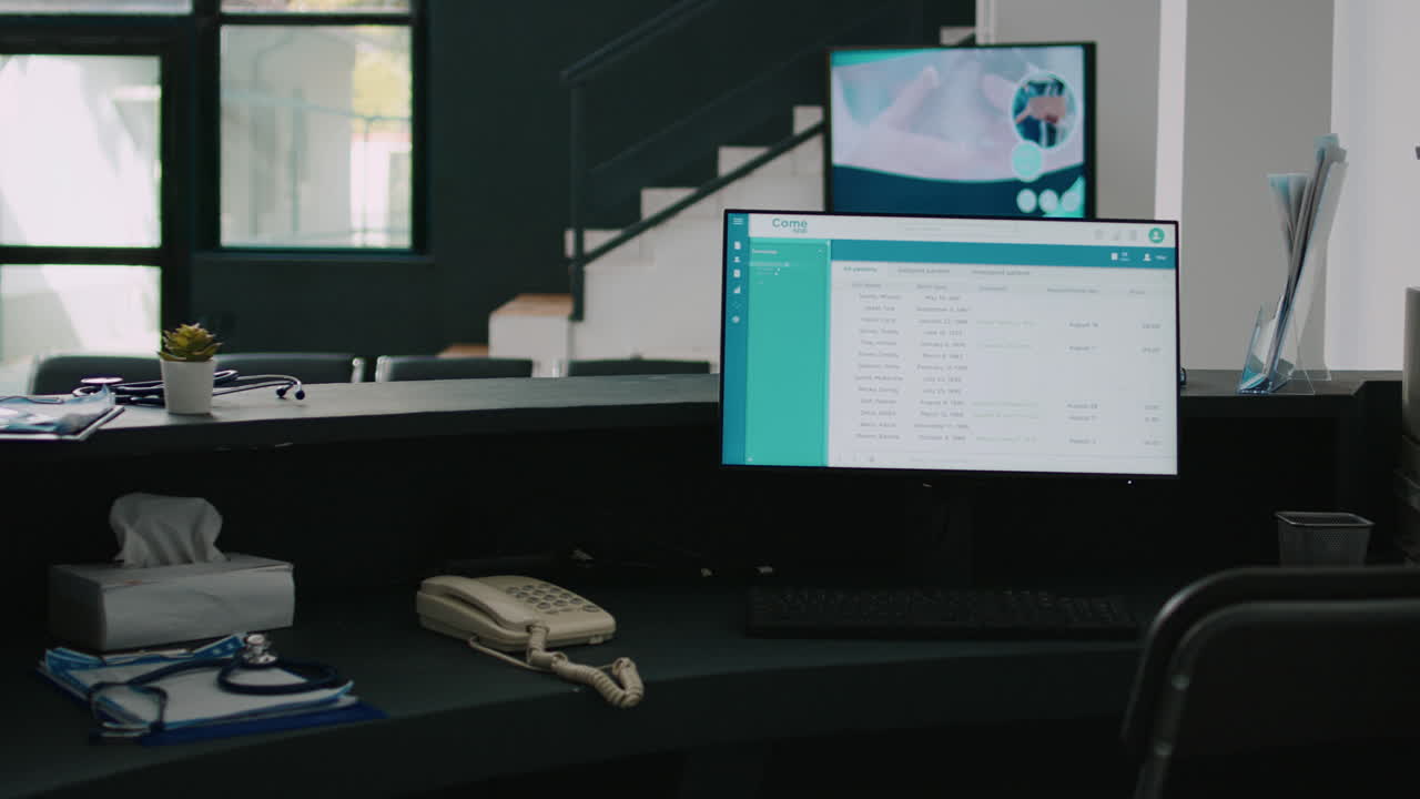 Hospital reception desk with computer running appointments report