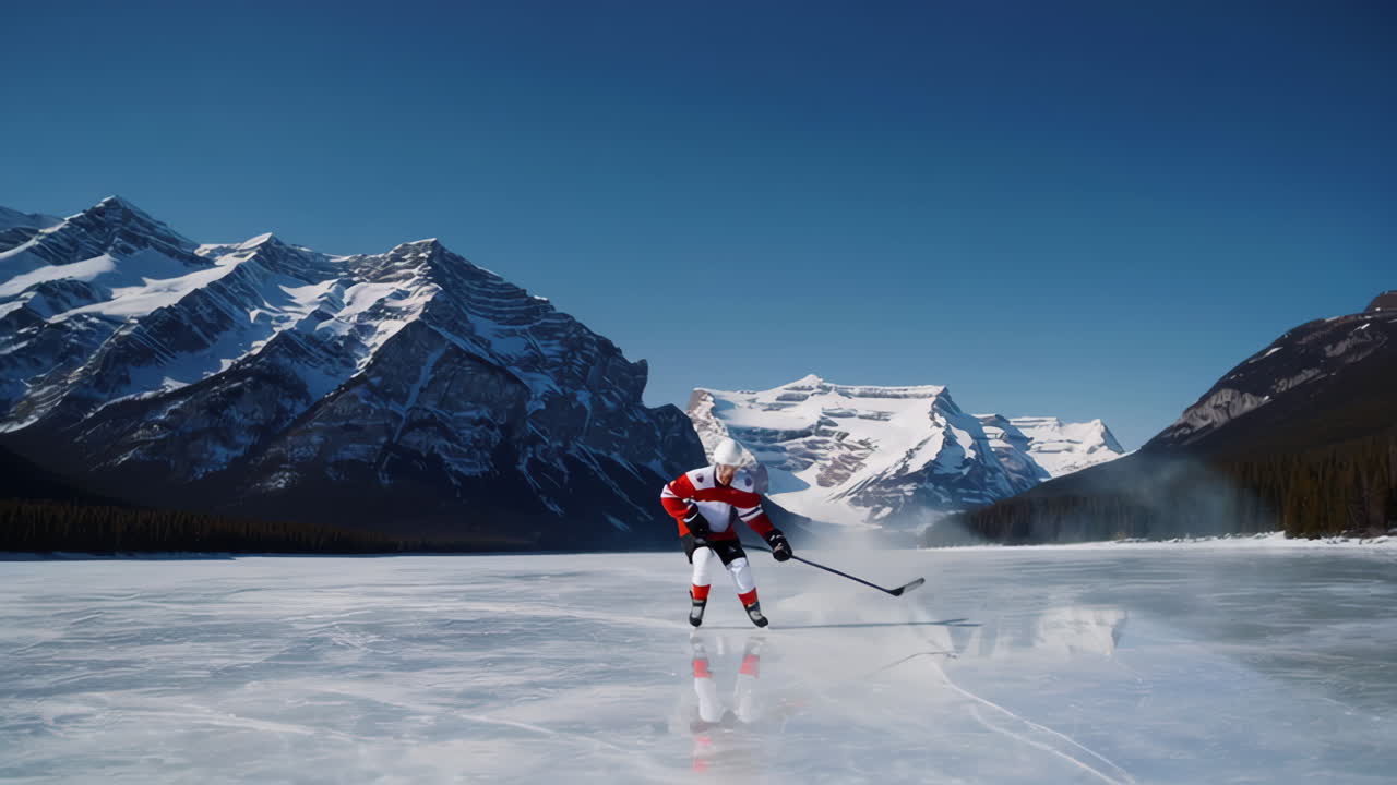 Giocatore di hockey su un lago ghiacciato nelle Montagne Rocciose canadesi