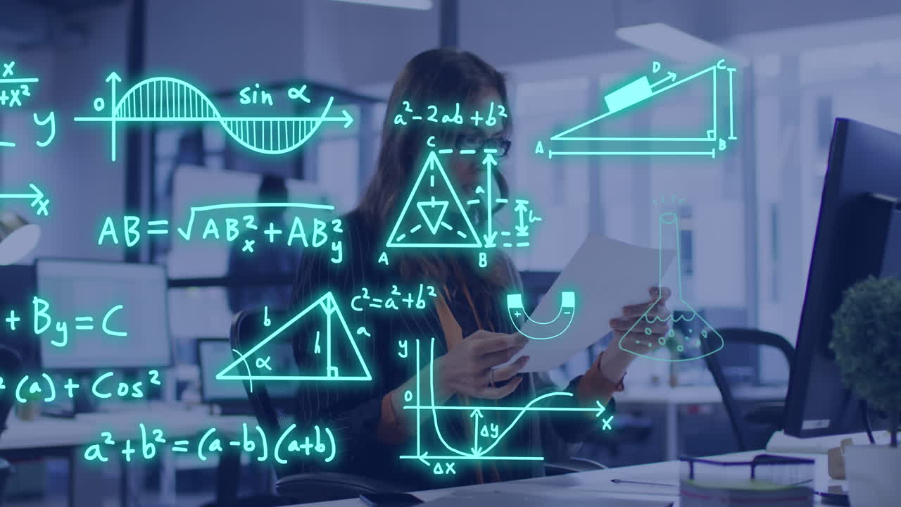 animación del procesamiento de datos sobre una estudiante caucásica