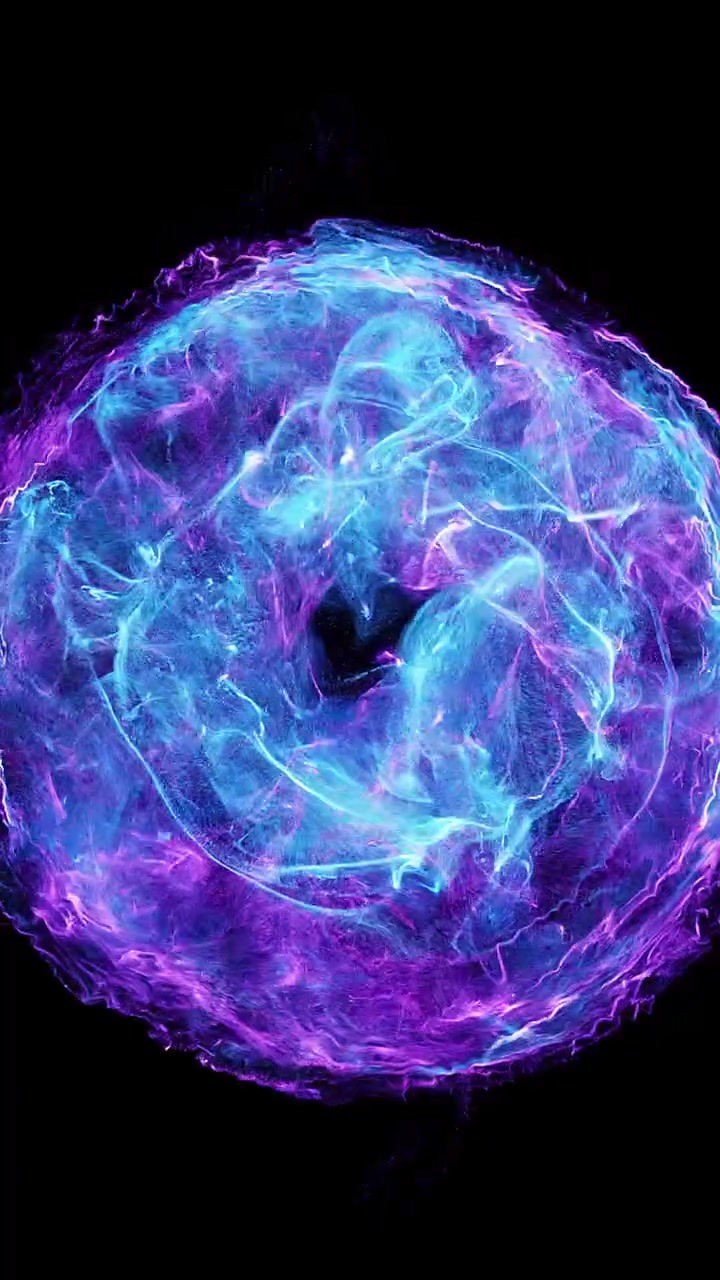 Sfera di energia astratta blu e viola che si espande e si dissolve