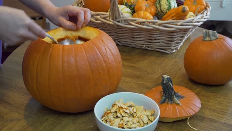 Close-up-shot-of-a-woman-scraping-seeds-out-of-a-pumpkin-and-putting-them-into-a-white-bowl-on-dining-table-with-natural-light-from-the-side