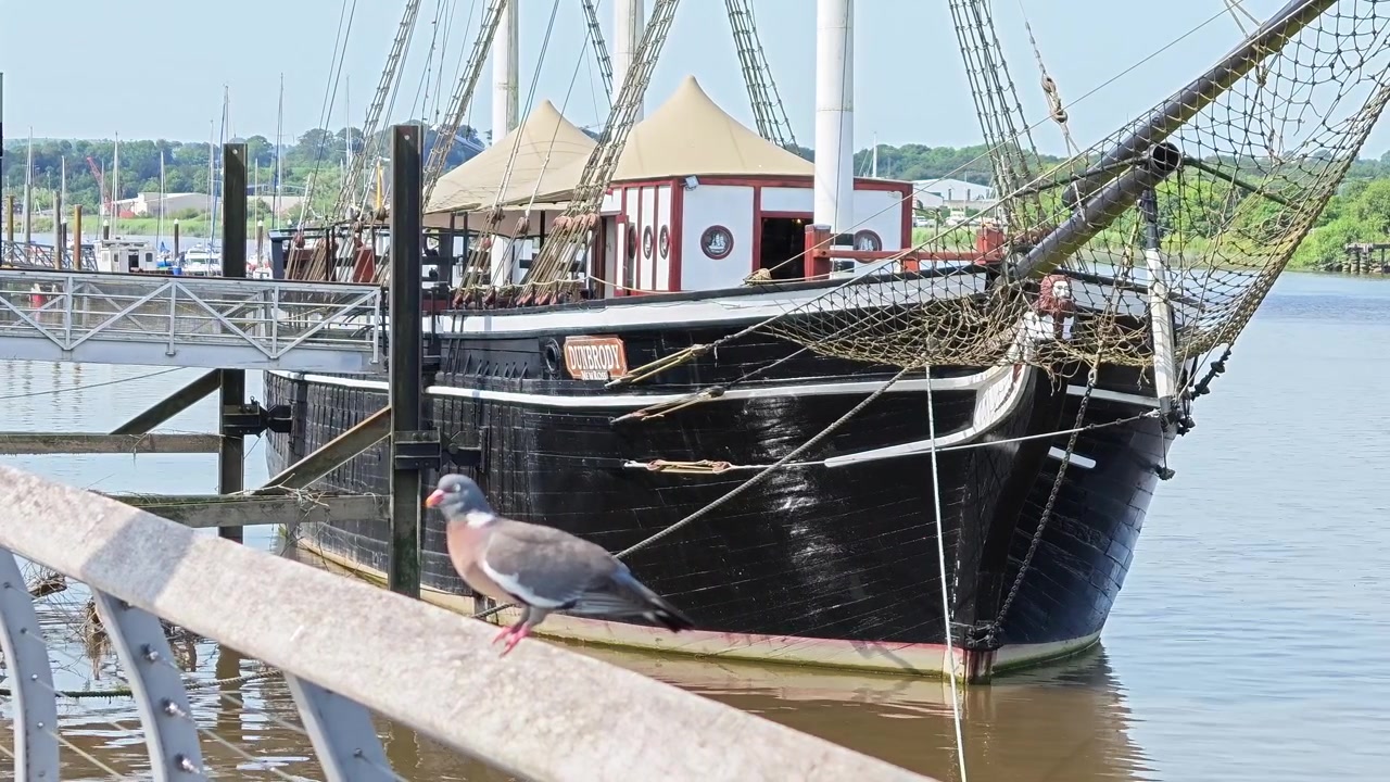 Historyczna replika statku Dunbrody Famine Ship przy The Quays, New Ross, Wexford, Irlandia. Popularna atrakcja turystyczna upamiętniająca irlandzką historię morską i dziedzictwo emigracji.