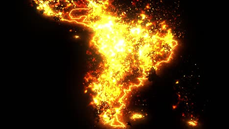 mapa de américa del sur en fuego animación de quema