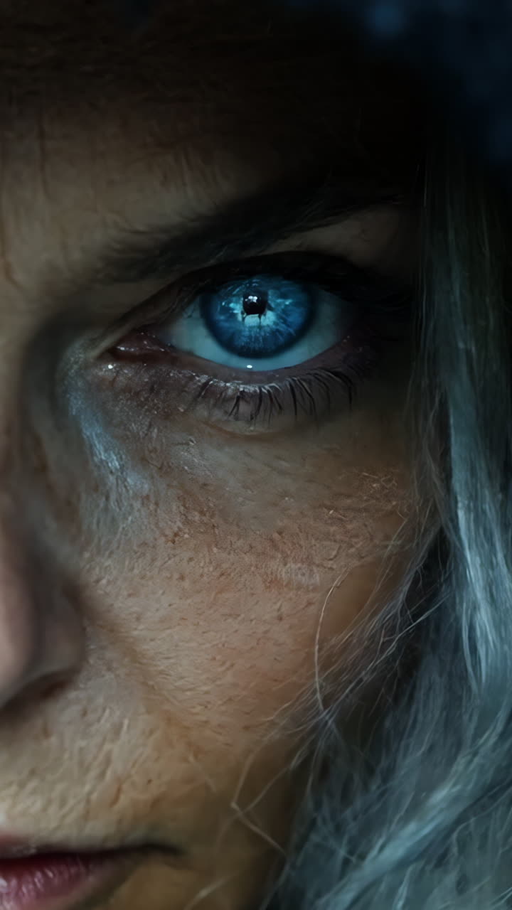 A woman with blue eyes and gray hair is staring at the camera. She is wearing a hooded sweatshirt and she is in a dark, eerie setting