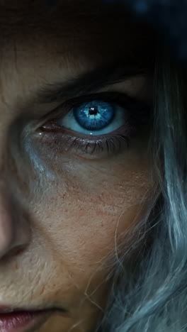 a woman with blue eyes and gray hair is staring at the camera. she is wearing a hooded sweatshirt and she is in a dark, eerie setting