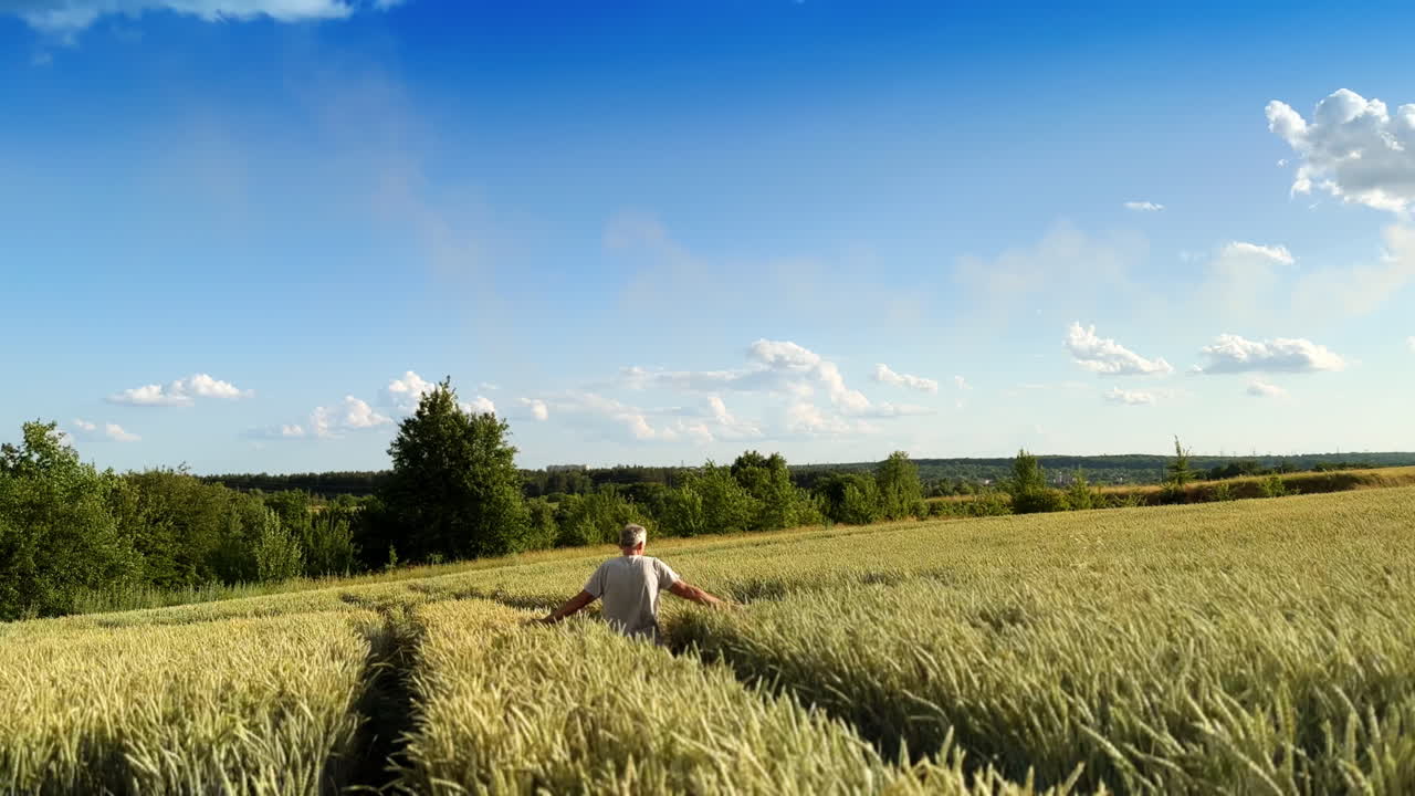 Rear view of an old man walking by the field of barley. Farmer spread his hands to touch the waving ears of corn.
