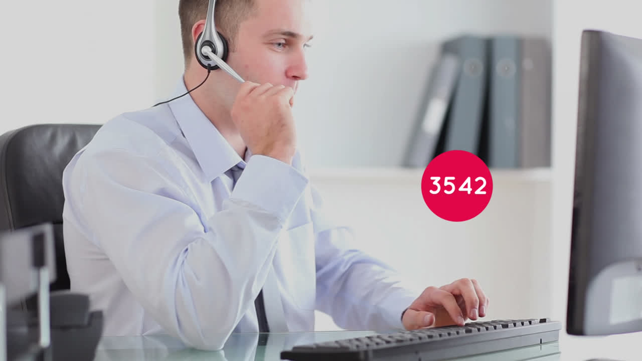 Animation of numbers changing over businessman wearing phone headset