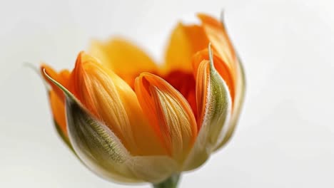 orange flower blooming green. this vibrant orange flower is opening up, showcasing delicate petals and green foliage in soft lighting.
