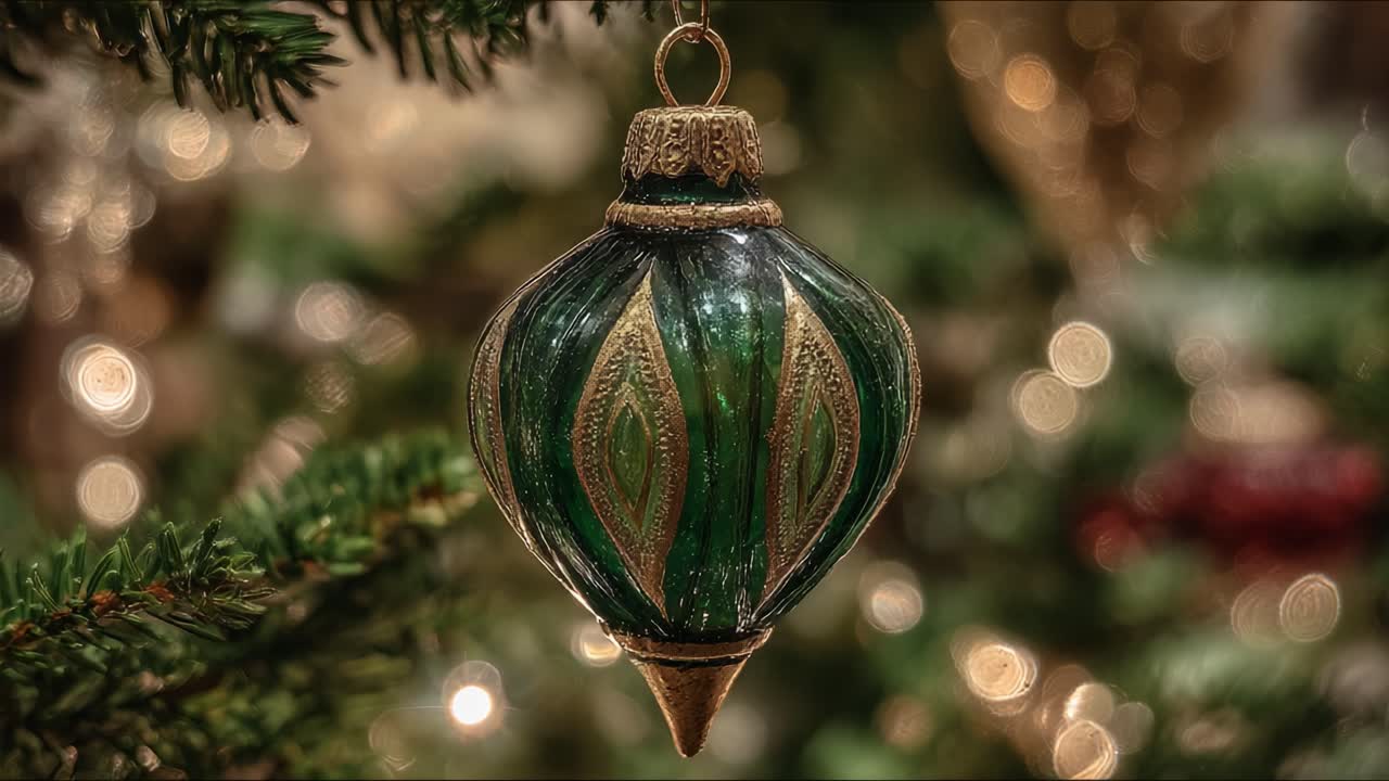 Un bonito adorno decorativo verde colgado de un árbol de Navidad, que irradia alegría festiva y luces brillantes al fondo