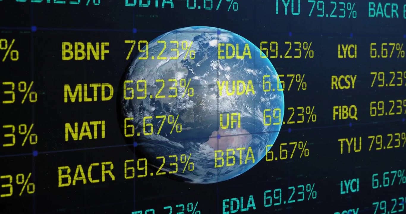 Animation of financial data processing over globe on blue background