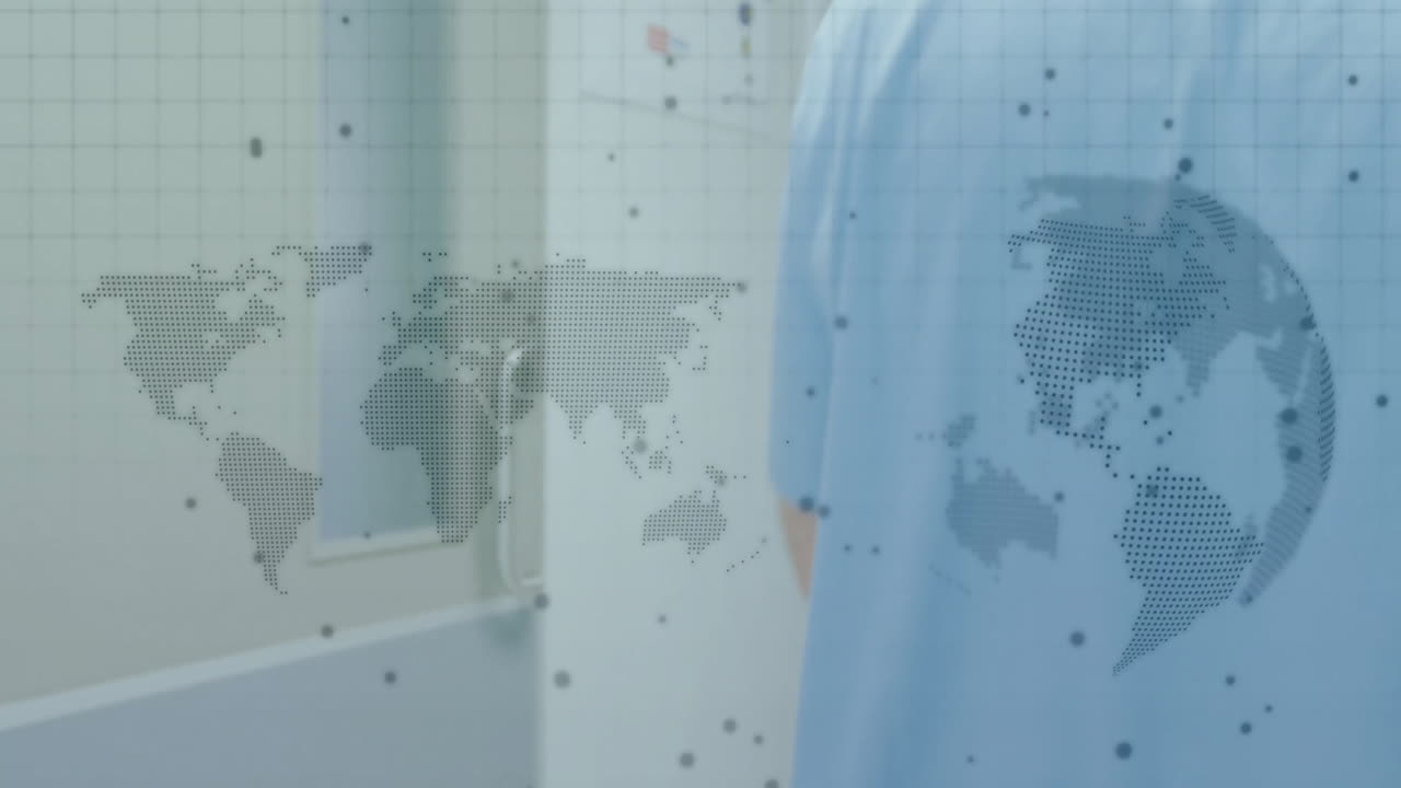 World map and data points animation over person in medical scrubs in hospital