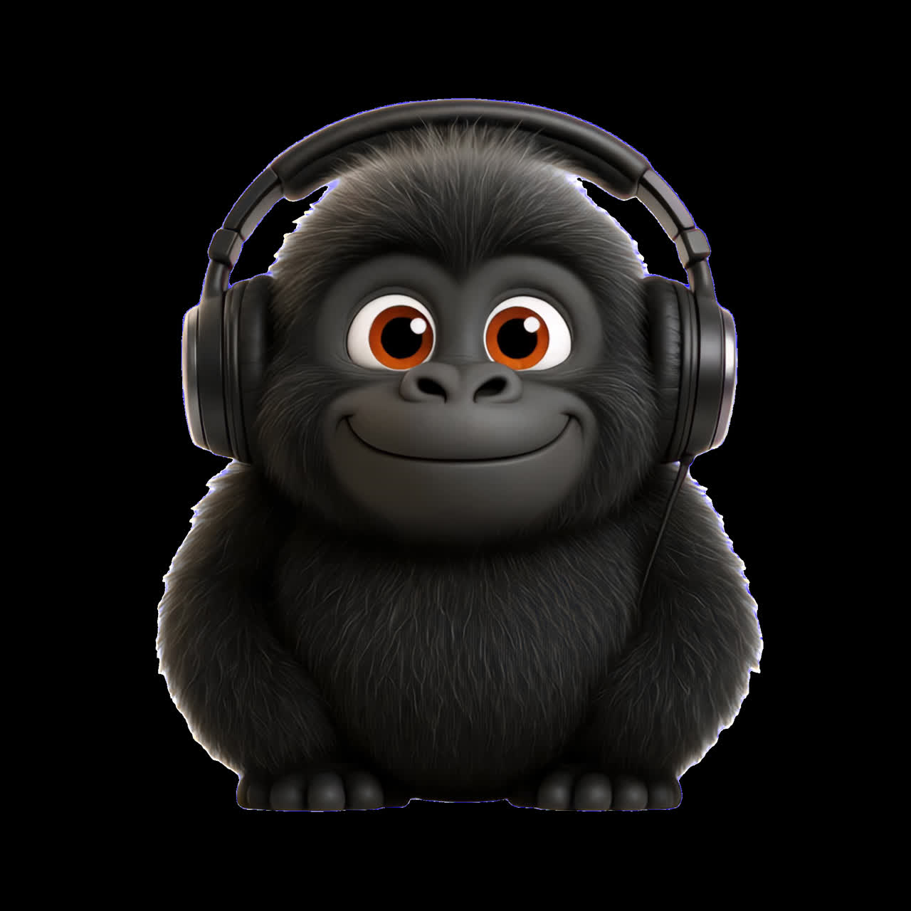 Cute gorilla wearing headphones animation isolated asset, transparent 4K video, alpha channel
