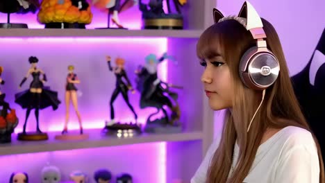 woman gamer with cat ear headphones and anime figure collection