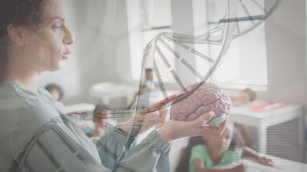 animación de una cadena de adn sobre una feliz maestra diversa que muestra a los alumnos un modelo cerebral en clase