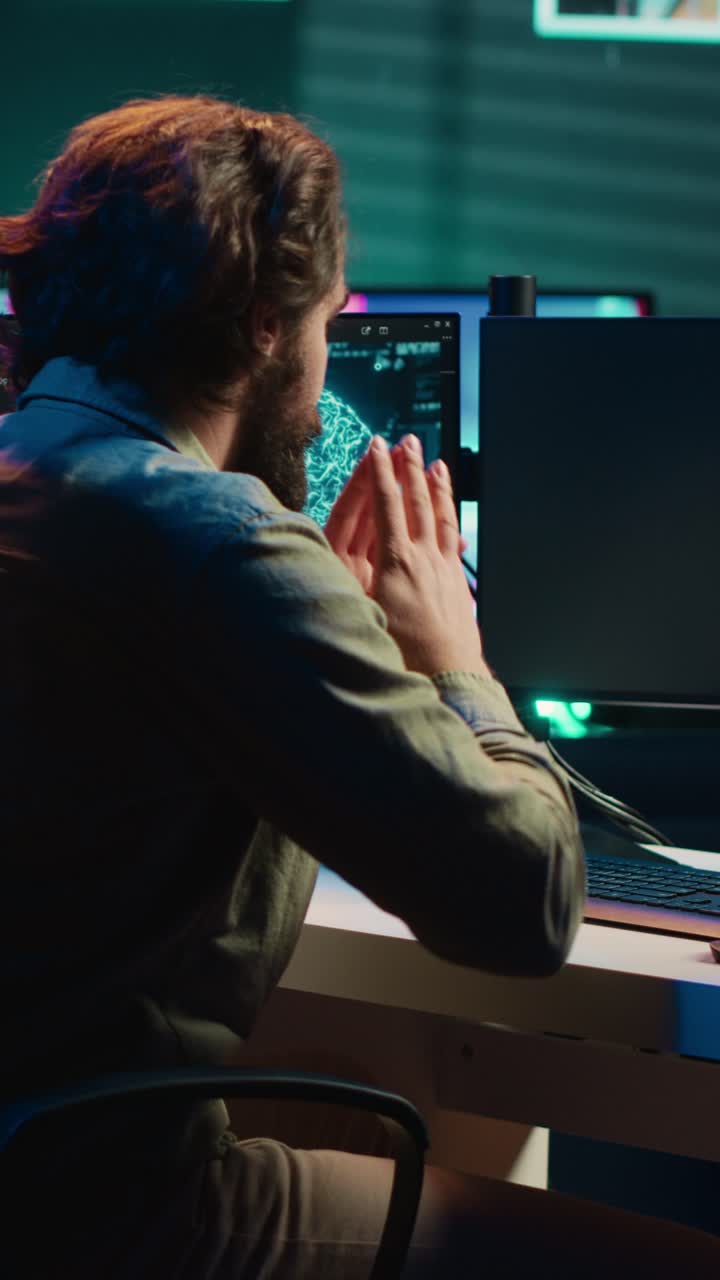 Man Using VR Headset and Computer with AI Brain Graphic