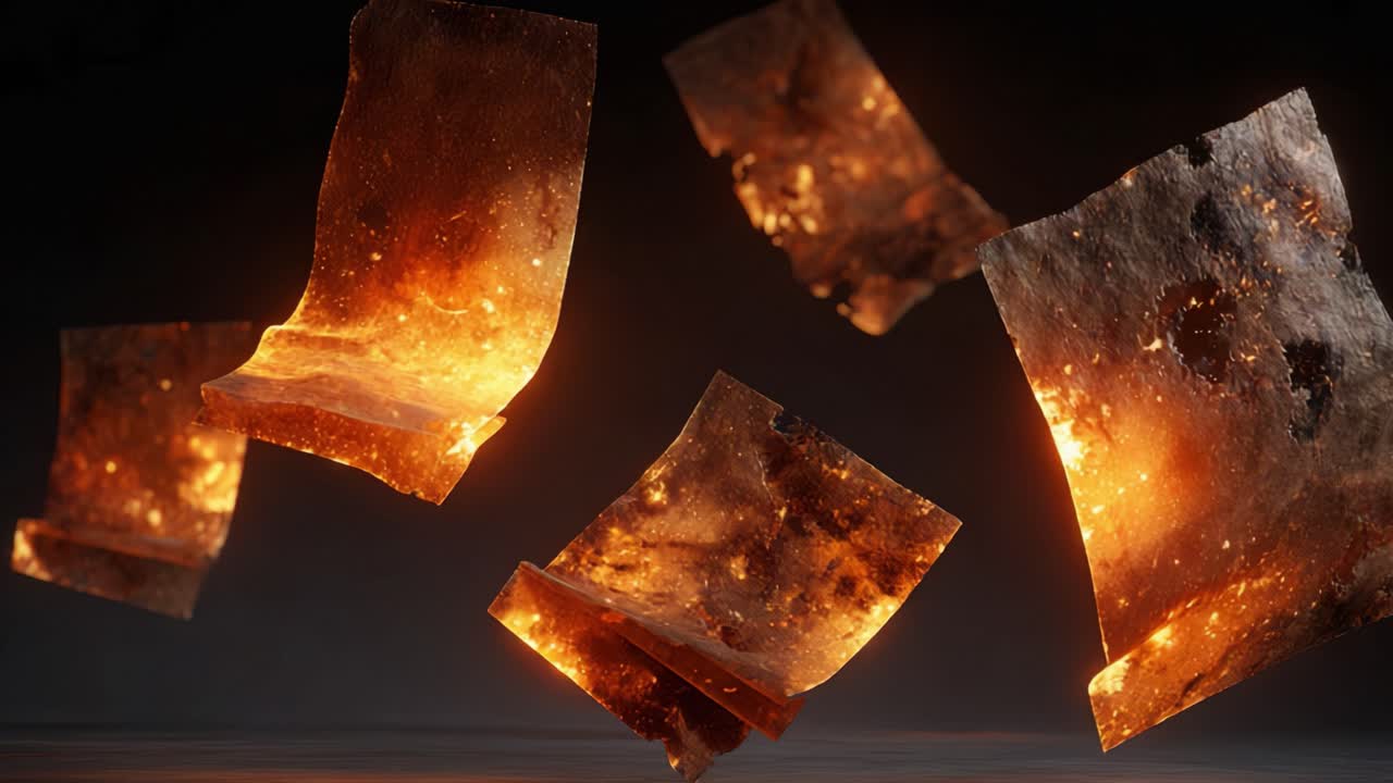 Ancient burning papers with glowing edges and embers slowly falling against a dark background, representing the destruction of knowledge, history, or irreplaceable documents in a fire