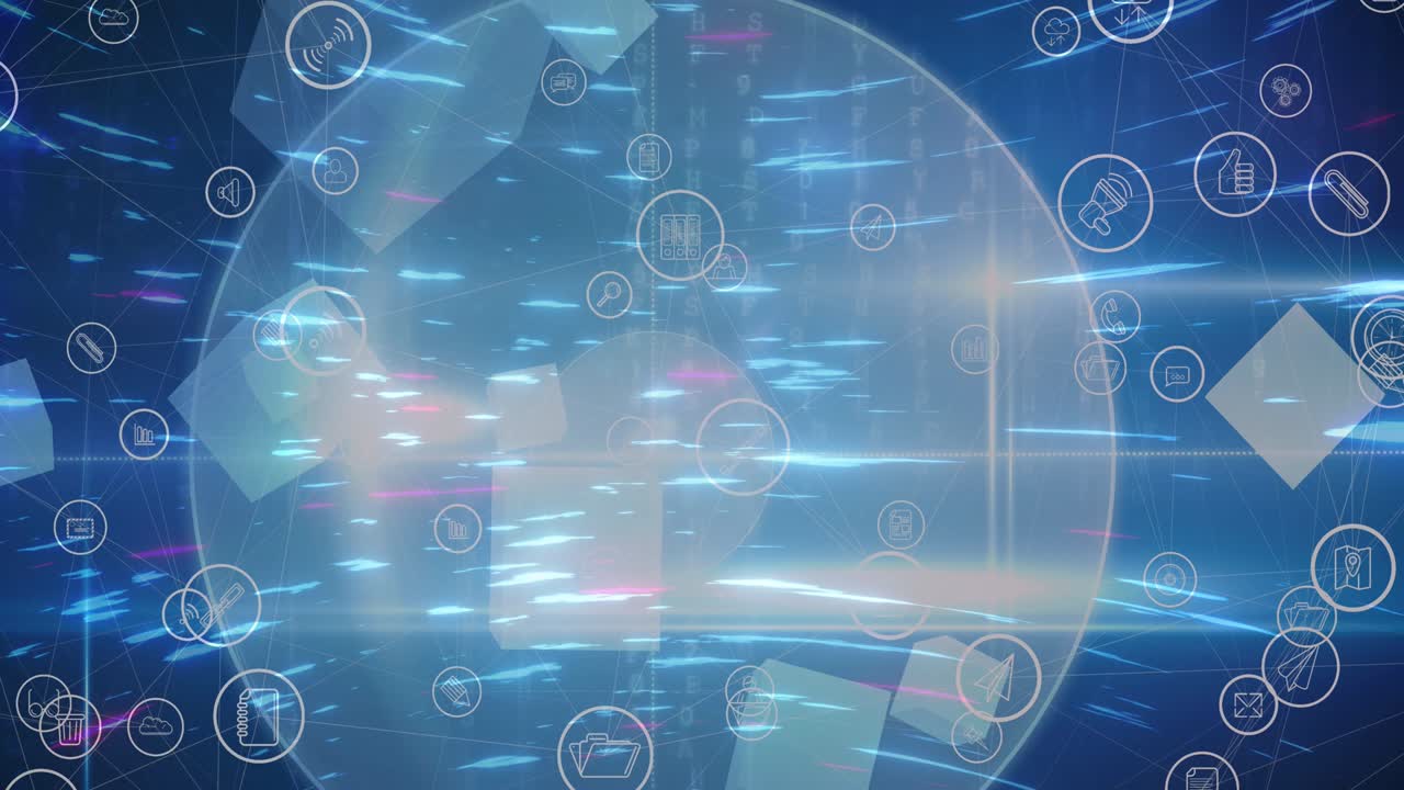 반 ⁇ 이는 빛의 트레일과 글로브 위에 디지털 아이콘의 애니메이션