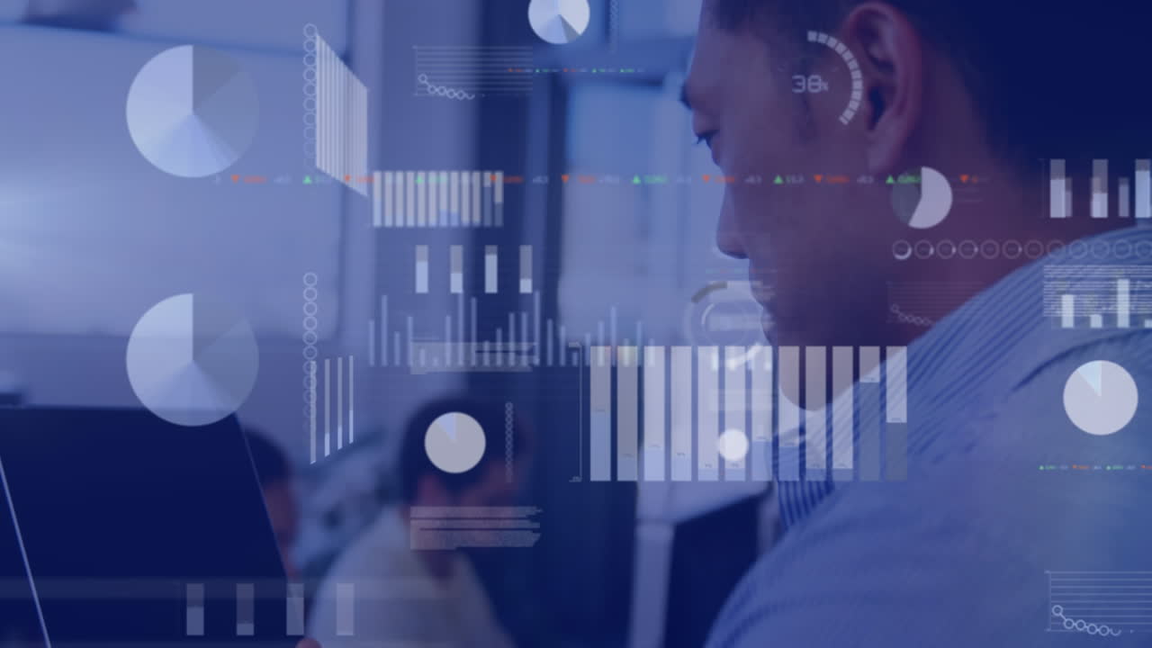 Animation of financial data processing over caucasian businessman