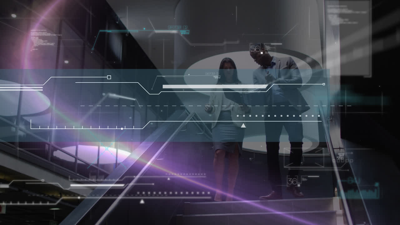 Animation of financial data processing over diverse business people in office