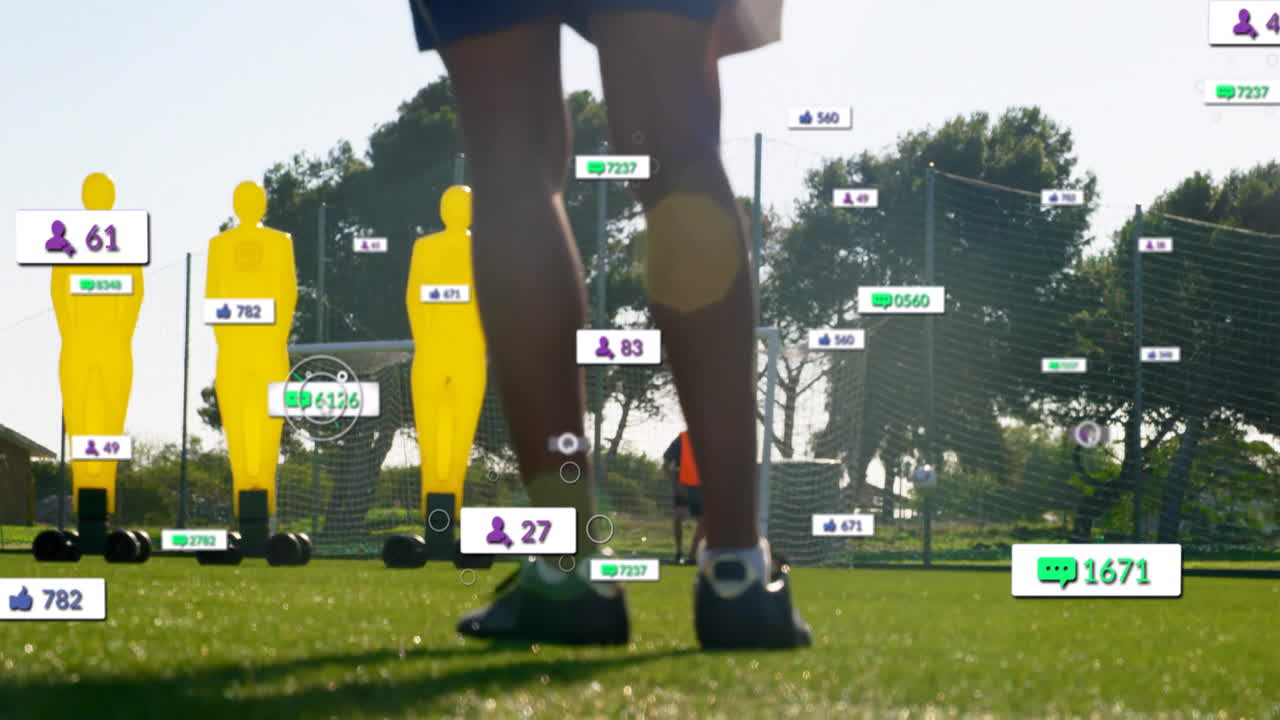 In school, animation overlay analyzing soccer training data on players and equipment