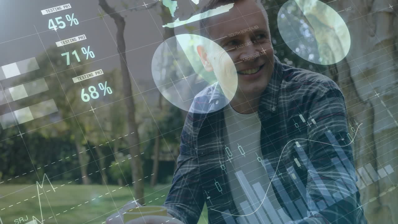 Data analytics and graphs animation over man sitting outdoors in park
