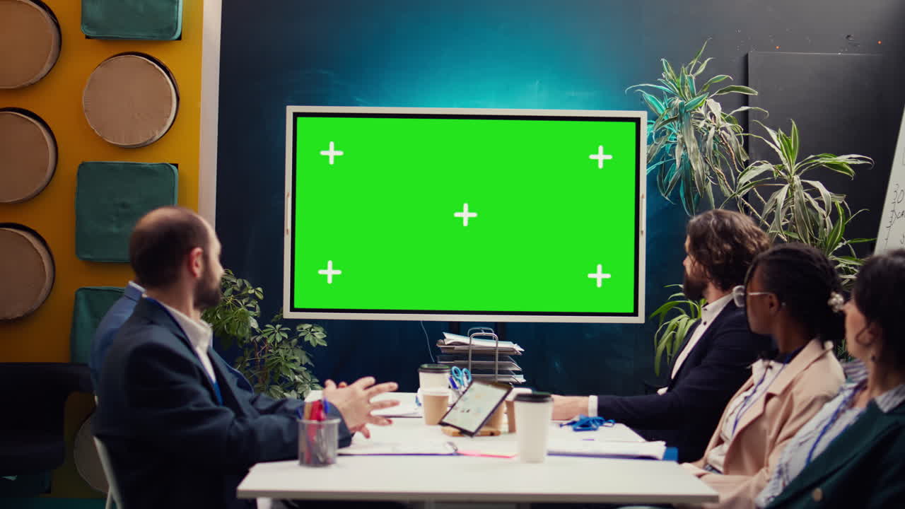 gerente de promociones y miembros del equipo viendo un video en la pantalla de maqueta