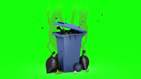 smelly trash can and garbage bags. 3d animation. green screen, loopable.