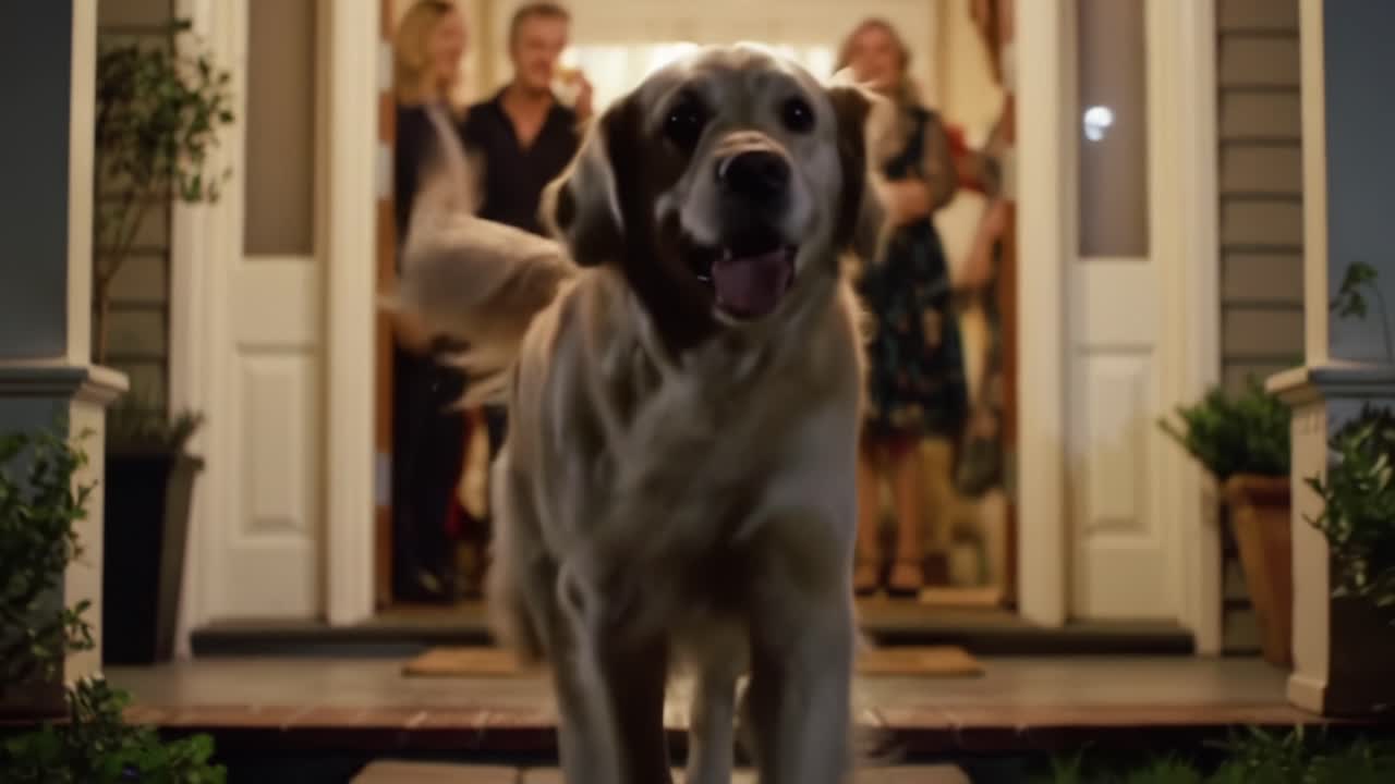 A Joyful Golden Retriever Welcomes Guests at a Festive Gathering, Bringing Warmth and Happiness to the Celebration, Surrounded by Family and Friends in a Cozy Atmosphere