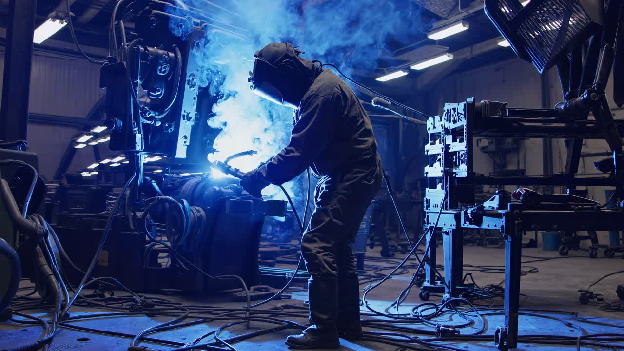 Industrial video scene of a welder at work, captured from a side angle