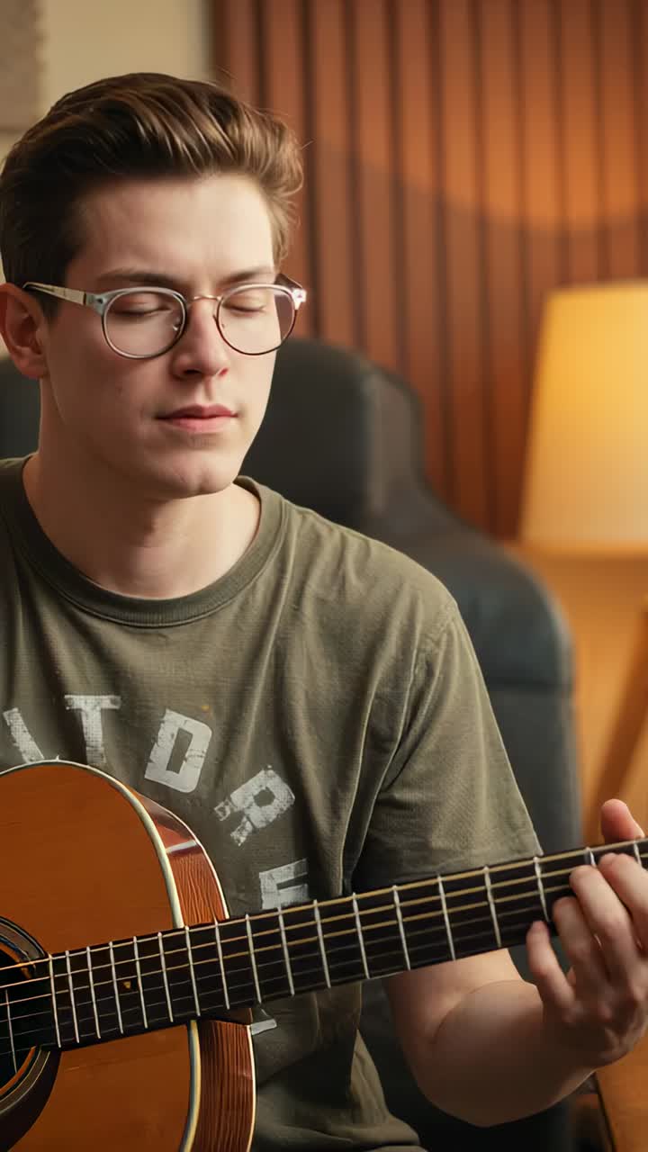 Vídeo vertical: clipe mostrando um guitarrista sentado tocando um violão em um ambiente aconchegante, praticando