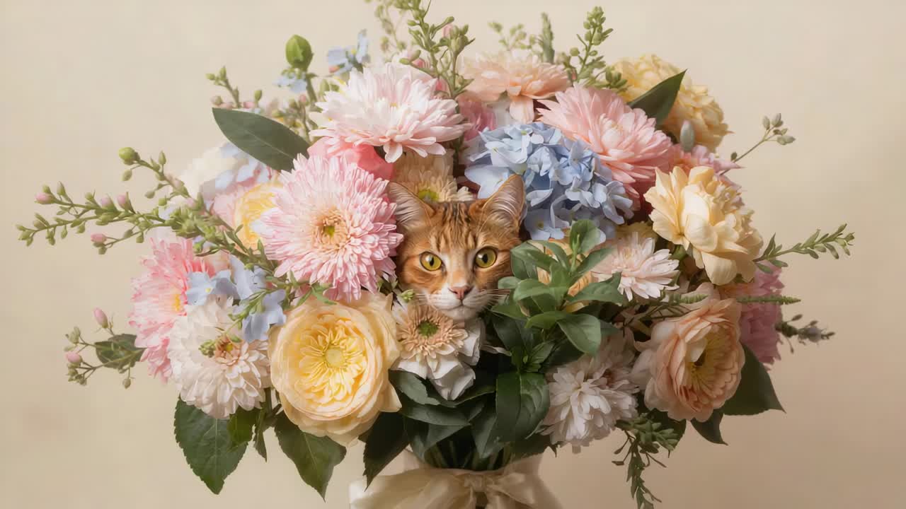 Testa di gatto soriano zenzero che si avvicina in studio, camera che filma con bouquet di fiori color pastello
