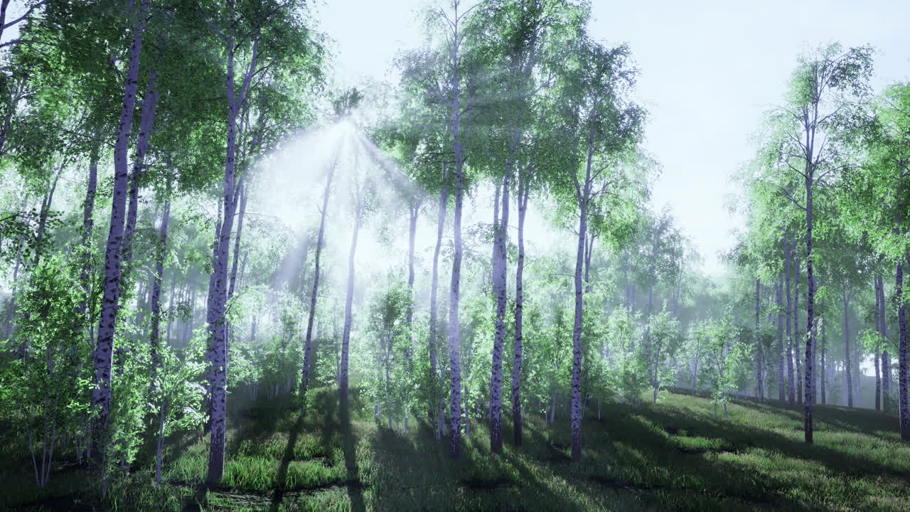 Lush green forest illuminated by radiant sunlight filtering through trees