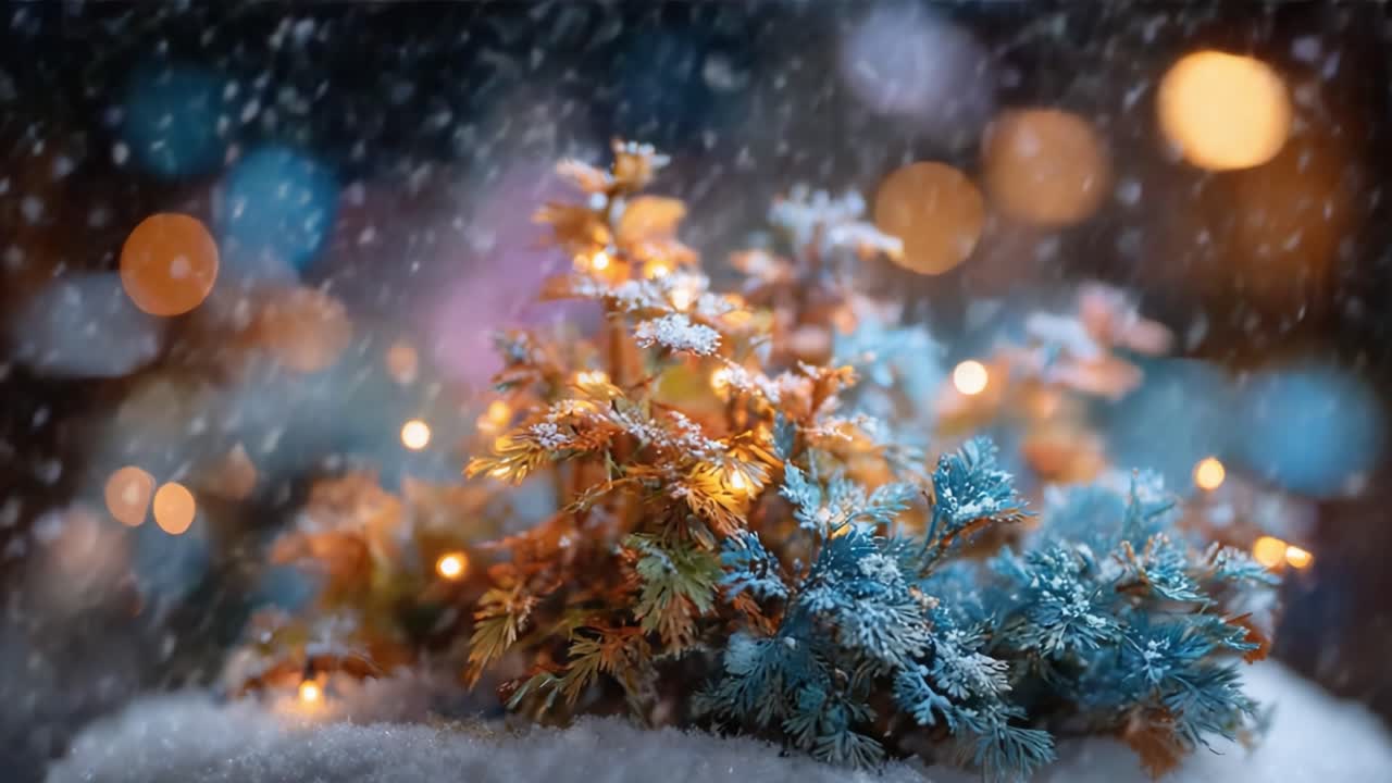 A Beautiful Winter Scene Capturing a Frosted Plant Surrounded by Sparkling Lights and Gentle Snowflakes, Creating a Magical Holiday Atmosphere