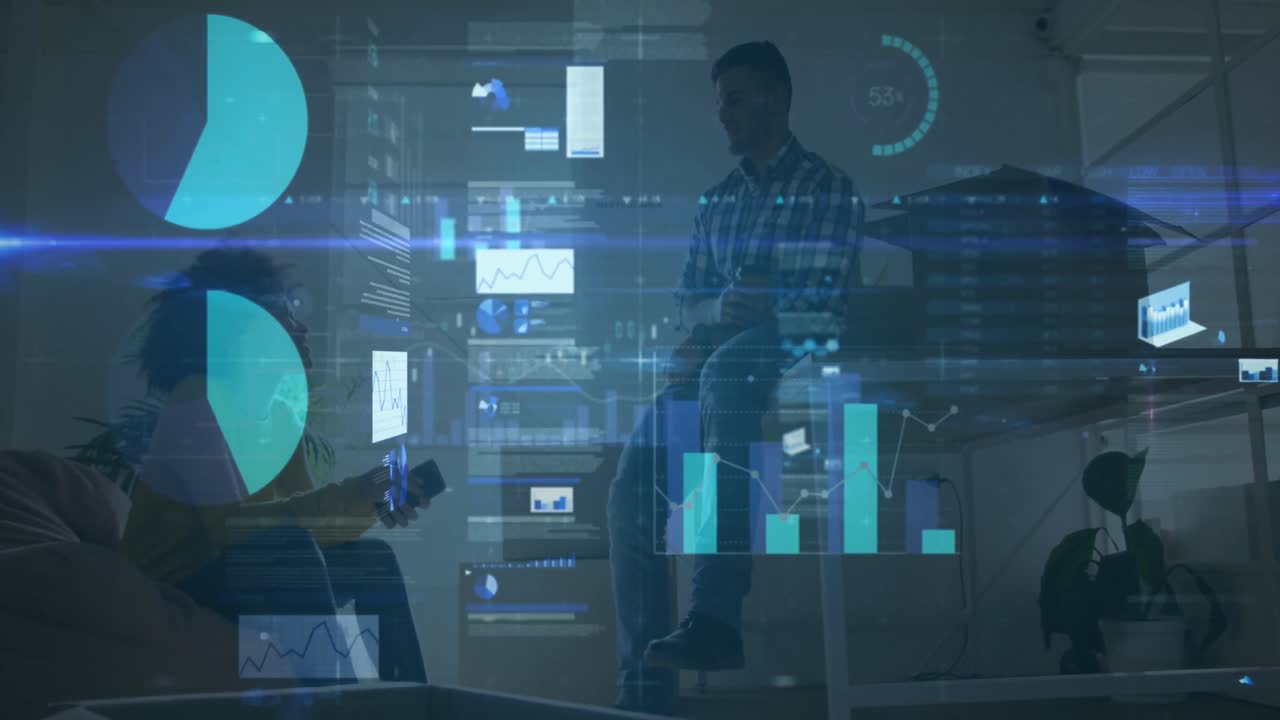 animación de datos gráficos de negocios sobre colegas multirraciales discutiendo el trabajo en la oficina