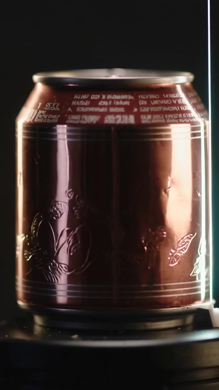 Video verticale: Lattina di bronzo che gira su una base da studio, con una striscia LED che sale a sinistra mostrando testo sul bordo e gocce.