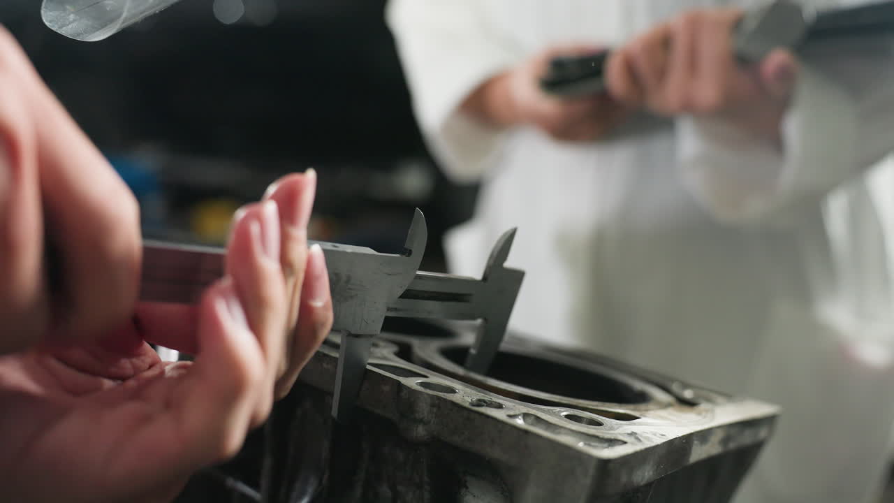 기계 작업실에서 엔지니어가 보호 안경을 착용하면서 엔진 크기를 측정하기 위해 베르니에 칼리퍼를 사용하고, 근처에서 흐릿한 그림을 관찰합니다. 공업 작업 공간은 도구로 가득 차 있습니다.