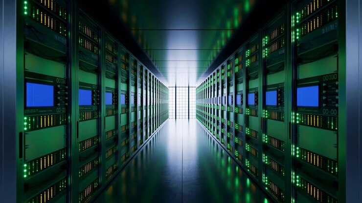 Low eye-level view down central datacenter corridor lined with rack-mounted servers on both sides, showing blue displays, glowing indicators, polished metal surfaces, cool lighting, strong depth