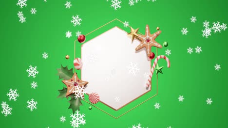 Animation-of-snow-falling-and-christmas-decorations-over-hexagon-with-copy-space-on-green-background