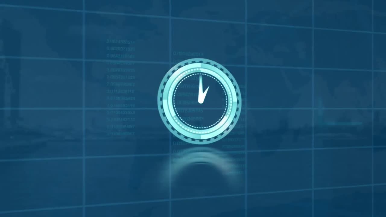 Animazione di un orologio in movimento su elaborazione dati su sfondo blu