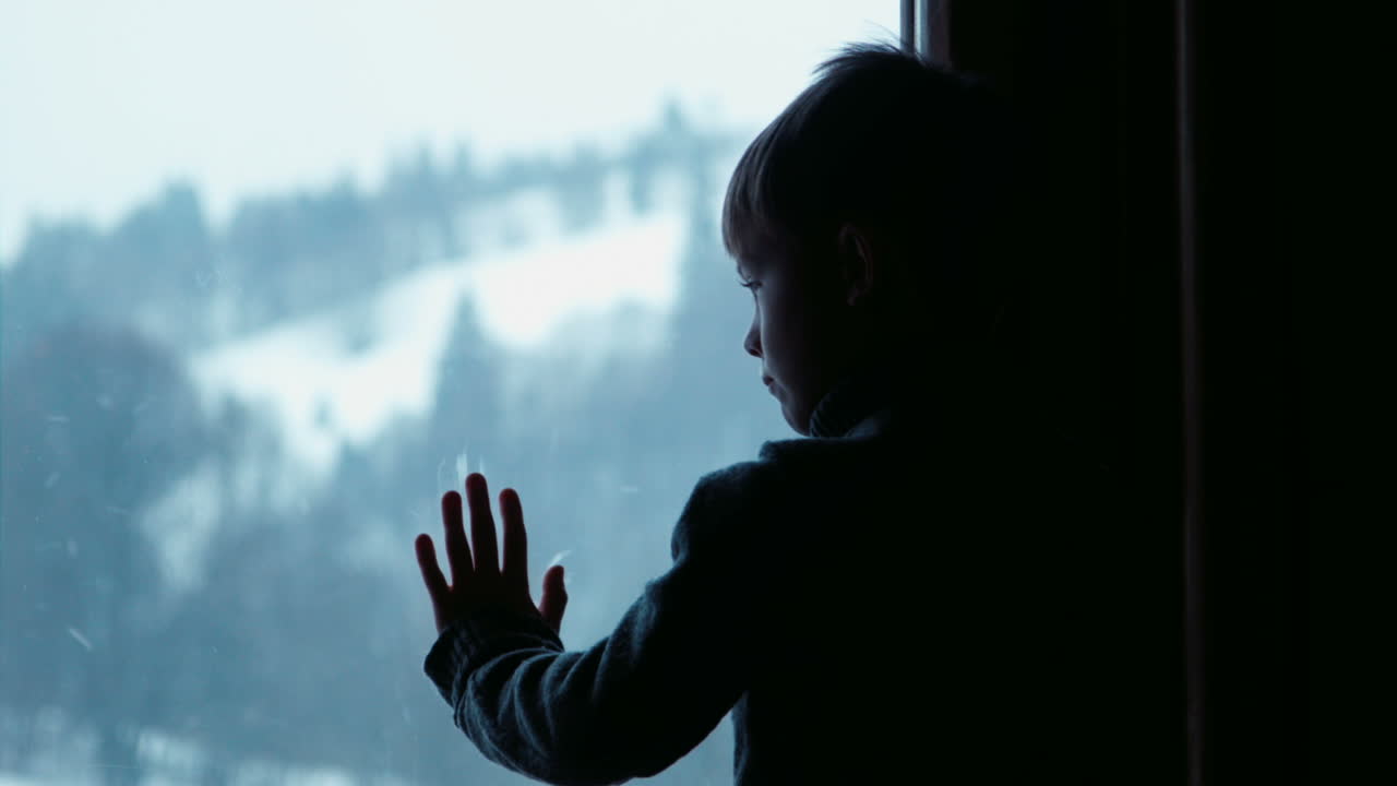 Boy Behind Window In Winter (Stock Footage)