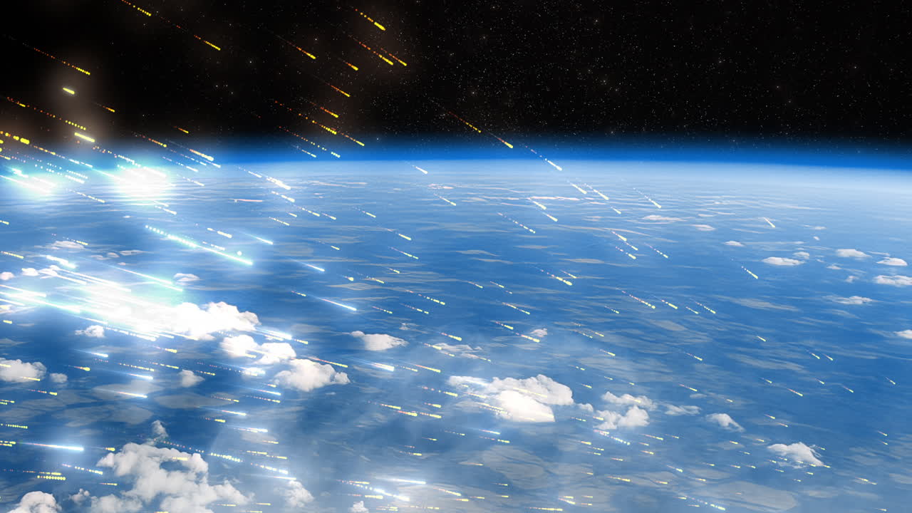 Dozens of glowing meteors streaking through the atmosphere