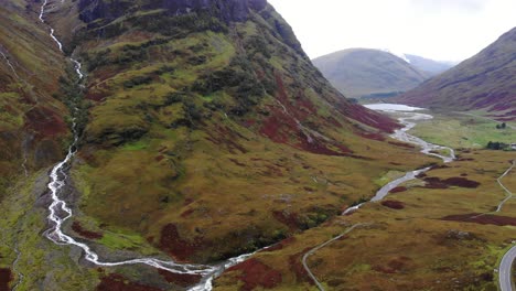 aerial view of dramatic glencoe valley landscape in scotland with river coe flowing in the middle