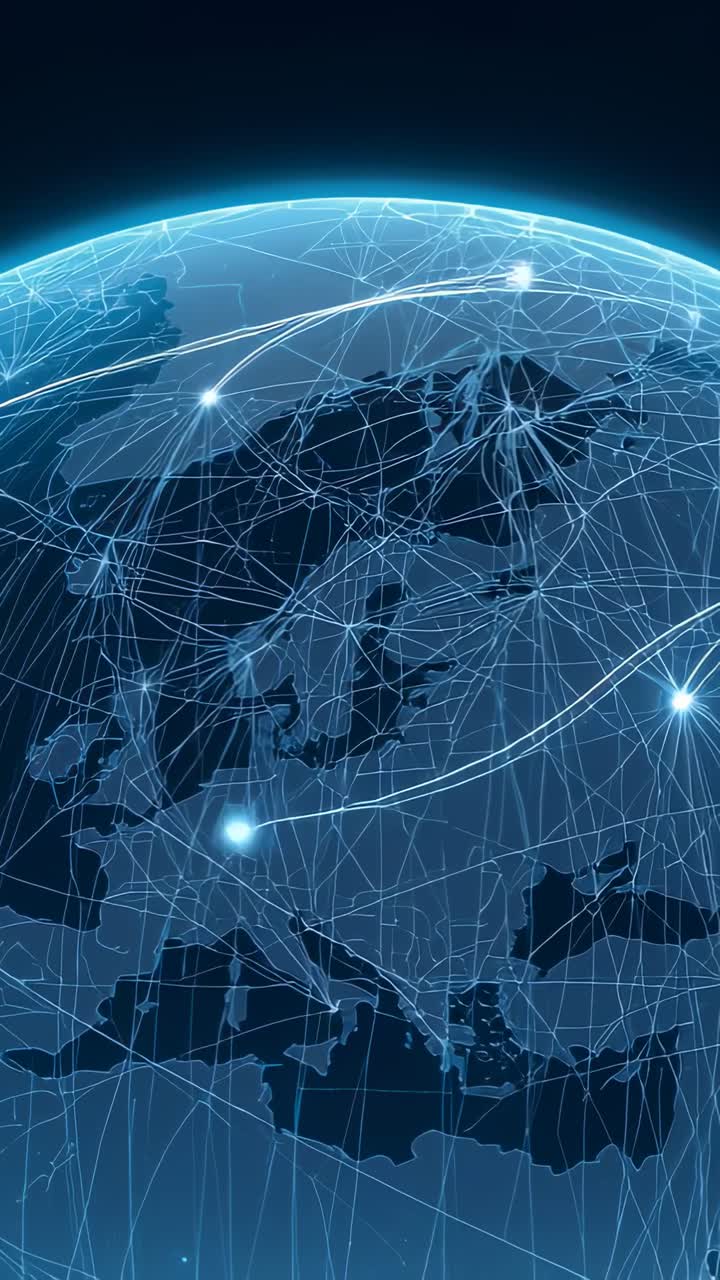 Vertical video: Animating digital globe showing data surge sparking arcs over Europe, glowing nodes