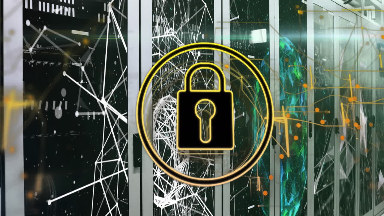 Animaton of security padlock icon and globe of plexus networks against computer server room