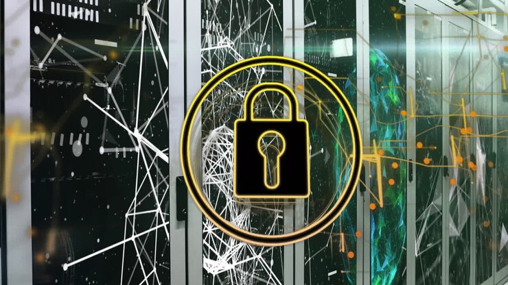 Animaton of security padlock icon and globe of plexus networks against computer server room