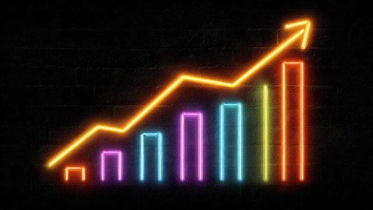 Grafico a barre neon colorato con una freccia arancione brillante che indica una crescita finanziaria positiva e il successo nel mercato azionario su uno sfondo scuro di mattoni, che rappresenta dati, investimenti e profitti