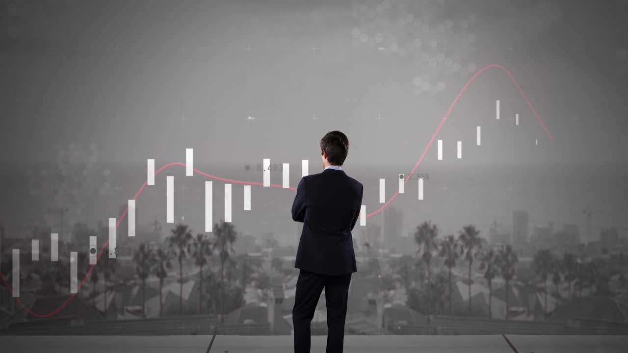 카우카스 사업가의 뒷면을 통해 다양한 금융 데이터와 그래프의 애니메이션.