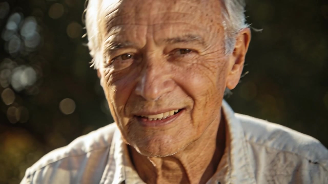 Telecamera che si allontana, un uomo anziano si sistema e sorride, mantenendo lo sguardo nel giardino, con una camicia chiara.