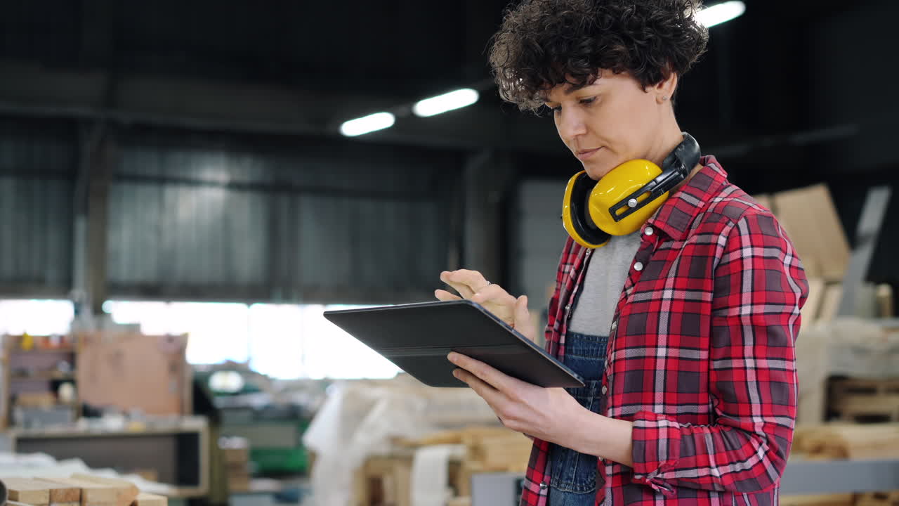 Woman Worker Using Tablet in a Workshop